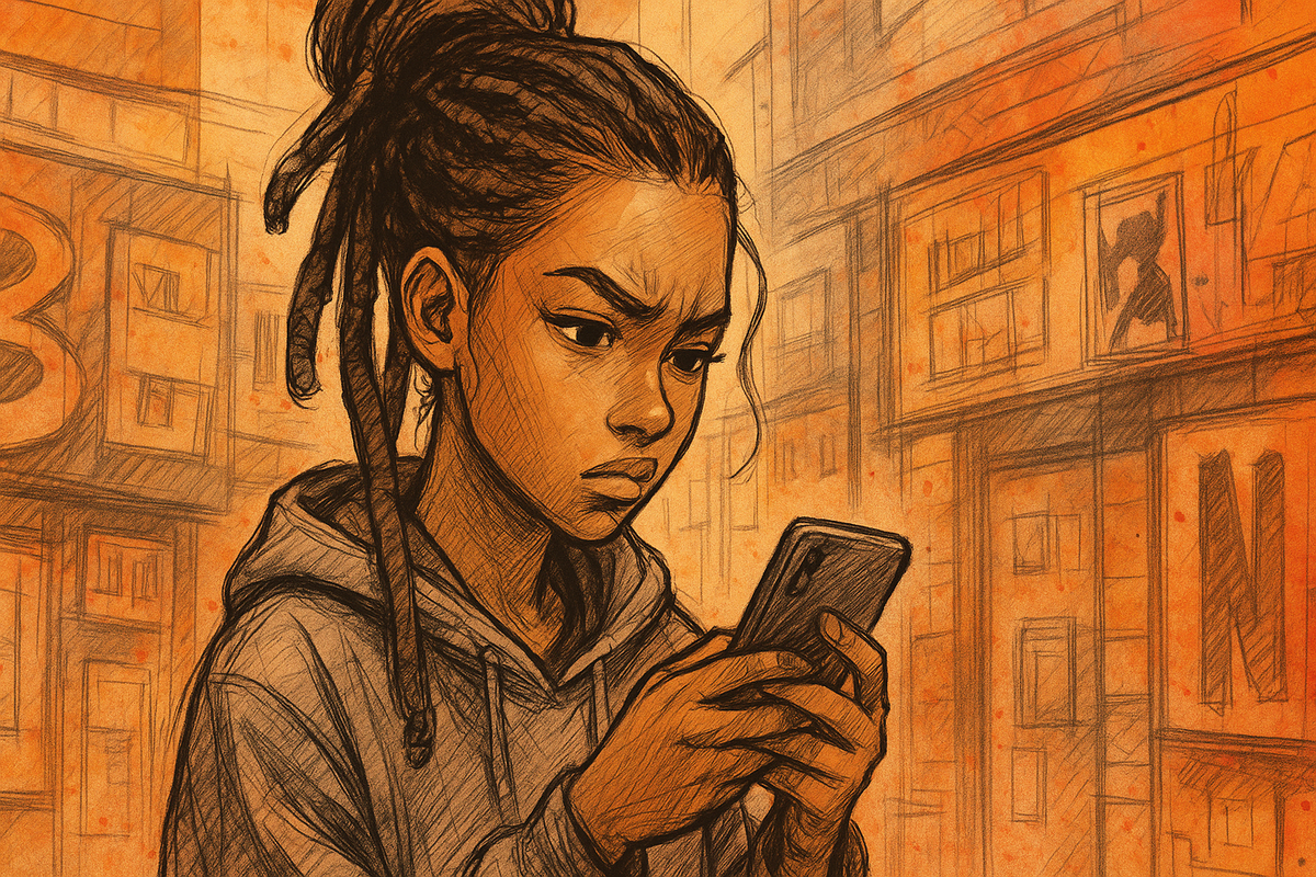 African American girl in hoodie staring at her phone, drawn in warm sketch style. Her intense expression suggests realization or frustration in a city backdrop.