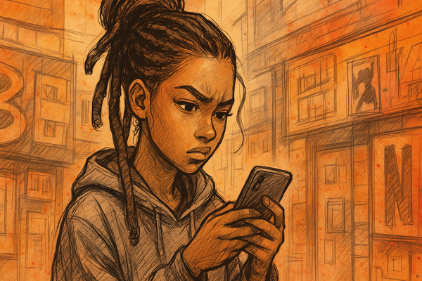 African American girl in hoodie staring at her phone, drawn in warm sketch style. Her intense expression suggests realization or frustration in a city backdrop.