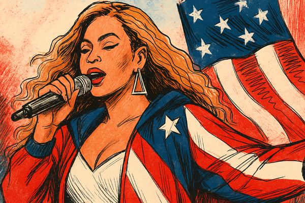 Beyoncé singing in front of an American flag, used to explore the symbolism, programming, and emotional power of national performances in pop culture.